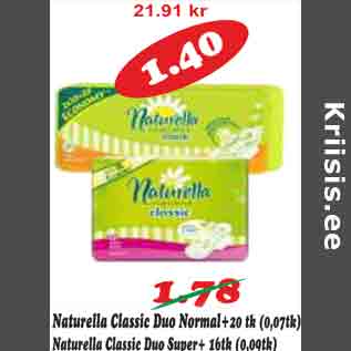 Скидка - Прокладки Naturella Classic Duo Normal +20 tk Прокладки Naturella Classic Duo Super +16 tk