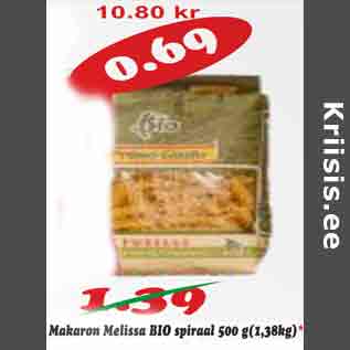 Allahindlus - Makaron Melissa BIO spiraal 500 g