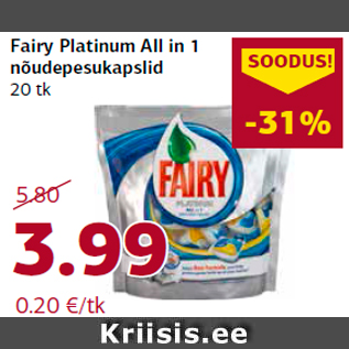 Allahindlus - Fairy Platinum All in 1 nõudepesukapslid 20 tk
