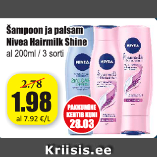 Allahindlus - Šampoon ja palsam Nivea Hairmilk Shine