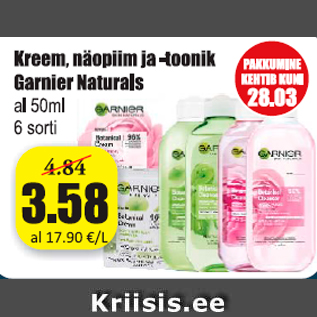 Allahindlus - Kreem, näopiim ja -toonik Garnier Naturals