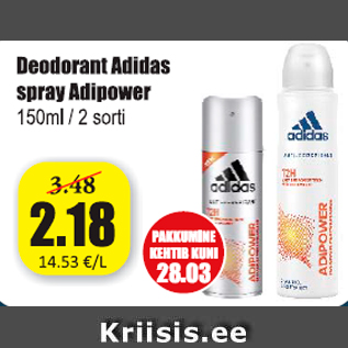 Allahindlus - Deodorant Adidas spray Adipower