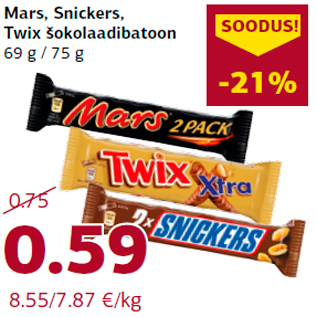 Allahindlus - Mars, Snickers, Twix šokolaadibatoon