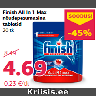 Allahindlus - Finish All In 1 Max nõudepesumasina tabletid 20 tk