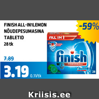 Allahindlus - FINISH ALL-IN1L LEMON NÕUDEPESUMASINA TABLETID 28 tk