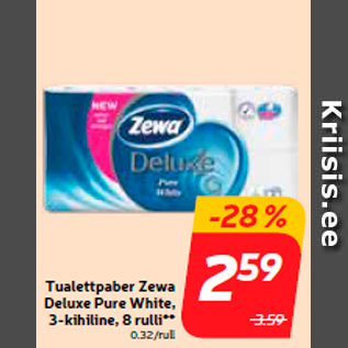 Allahindlus - Tualettpaber Zewa Deluxe Pure White, 3-kihiline, 8 rulli**