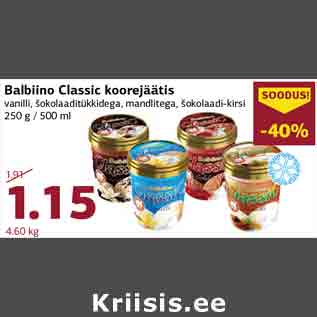 Allahindlus - Balbiino Classic koorejäätis vanilli, šokolaaditükkidega, mandlitega, šokolaadi-kirsi 250 g / 500 ml