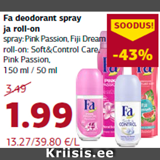 Allahindlus - Fa deodorant spray ja roll-on