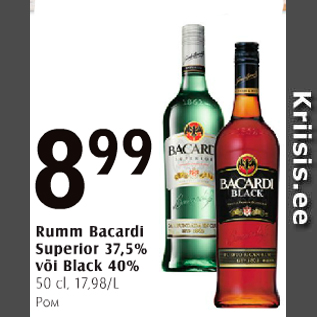 Allahindlus - Rumm Bacardi Superior 37,5% või Black 40%, 50 cl