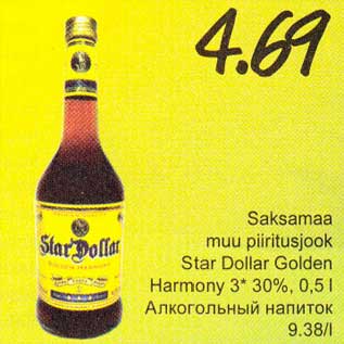 Allahindlus - Saksamaa muu piiritusjook Star Dollar Golden Harmonu 3* 30%,0,5l