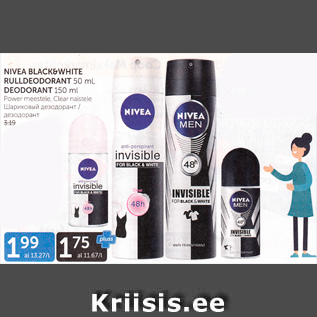 Allahindlus - NIVEA BLASK&WHITE RULLDEODORANT 50 ml, DEODORANT 150 ml