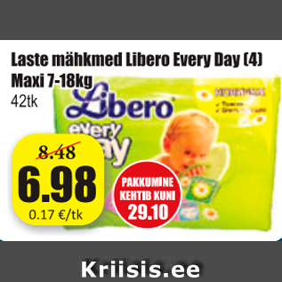 Allahindlus - Laste mähkmed Libero Every Day (4) Maxi 7-18 kg, 42 tk