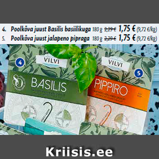 Allahindlus - 4. Poolkõva juust Basilis basiilikuga 180 g; 5. Poolkõva juust jalapeno pipraga 180 g