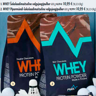 Allahindlus - PULS 1. WHEY Šokolaadimaitseline valgujoogipulber 600 g; 2. WHEY Piparmündi-šokolaadimaitseline valgujoogipulber 600 g