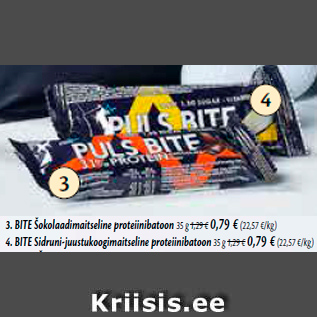 Allahindlus - 3. BITE Šokolaadimaitseline proteiinibatoon 35 g; 4. BITE Sidruni-juustukoogimaitseline proteiinibatoon 35 g