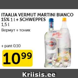 Allahindlus - ITAALIA VERMUT MARTINI BIANCO 15%, 1 L + SCHWEPPES 1,5 L