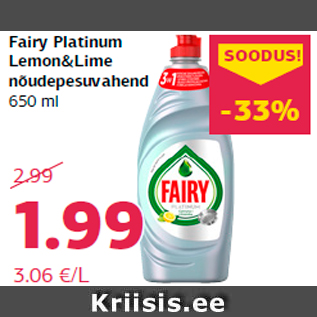 Allahindlus - Fairy Platinum Lemon&Lime nõudepesuvahend 650 ml
