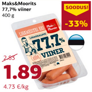 Скидка - Сосиски 77,7% Maks&Moorits 400 г