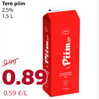 Allahindlus - Tere piim 2,5% 1,5 L