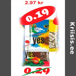 Allahindlus - Y.E.S. Päevalilleseemned 2 sorti , sool ,tšilli 50 g(3,80kg)