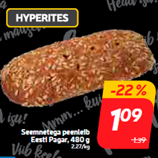 Allahindlus - Seemnetega peenleib Eesti Pagar, 480 g