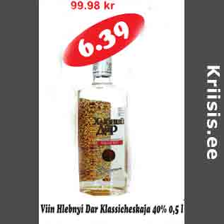 Allahindlus - Viin Hlebnyi Dar Klassicheskaja 40%, 0,5 l