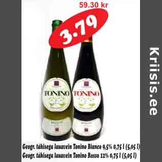 Скидка - Столовое вино геогр. наименования Tonino Bianco 9,5%, 0,75 л Столовое вино геогр. наименования Tonino Rossi 12% 0,75 л