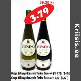 Allahindlus - Geogr.tähisega lauavein Tonino Bianco 9,5%, 0,75 l Geogr.tähisega lauavein Tonino Rossi 12% 0,75 l