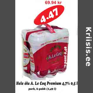 Allahindlus - Hele õlu A.Le Coq Premium 4,7% 0,5 l purk, 6-pakk
