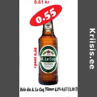 Allahindlus - Hele õlu A. Le Coq Pilsner 4,2% 0,5 l