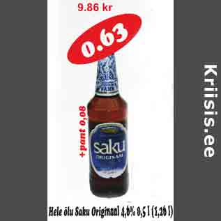 Allahindlus - Hele õlu Saku Originaal 4,6% 0,5 l