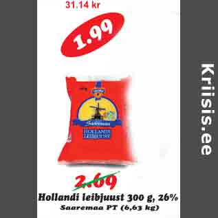 Allahindlus - Hollandi leibjuust 300 g,26% Saaremaa PT