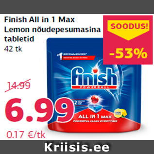 Allahindlus - Finish All in 1 Max Lemon nõudepesumasina tabletid 42 tk