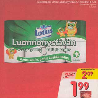 Allahindlus - Tualetpaber Lotus Luonnonystävän, 3-kihiline,8rulli