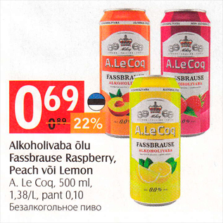 Allahindlus - Alkoholivaba õlu Fassbrause raspberry, Peach või Lemon