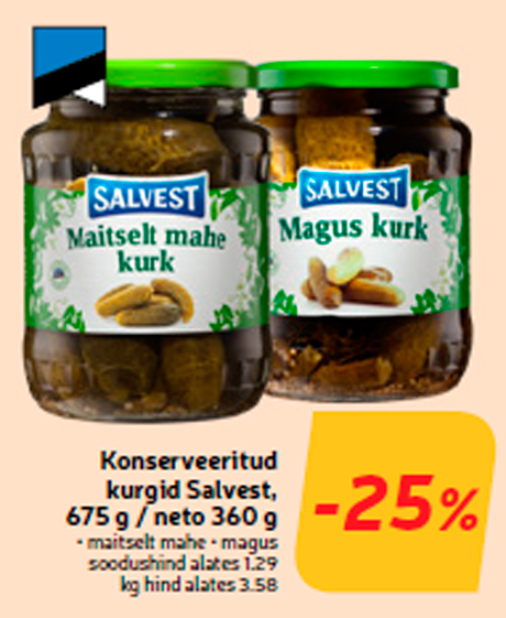 Konserveeritud kurgid Salvest, 675 g / neto 360 g  -25%
