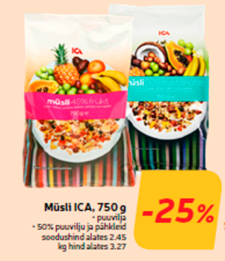 Müsli ICA, 750 g  -25%
