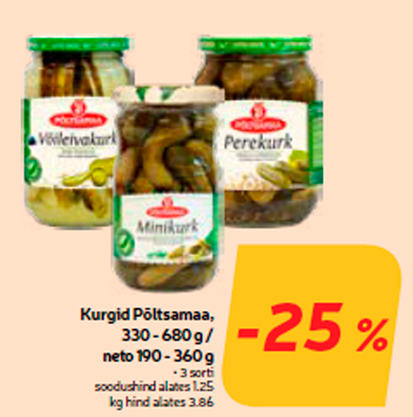 Огурцы Põltsamaa, от 330 до 680 г / нетто от 190 до 360 г -25%
