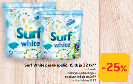 Surf White pesukapslid, 15 tk ja 32 tk**  -25%