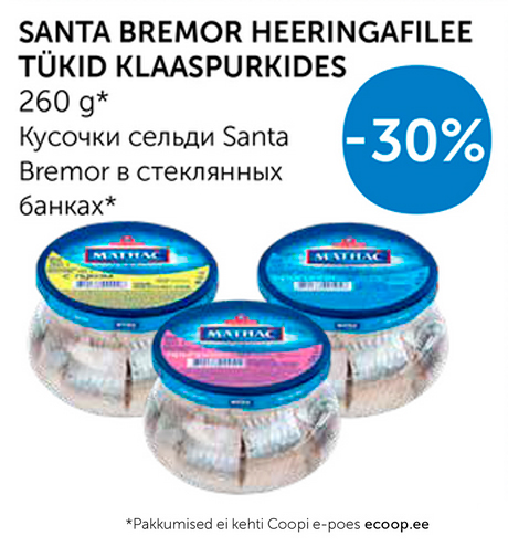 SANTA BREMOR HEERINGAFILEE TÜKID KLAASPURKIDES 260 g*  -30%