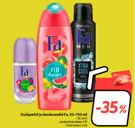 Dušigeelid ja deodorandid Fa, 50-750 ml  -35%
