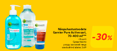 Näopuhastustoodete Garnier Pure Active sari, 70-400 ml***  -30%