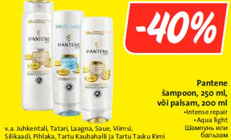 Pantene šampoon, 250 ml, või palsam, 200 ml  -40%