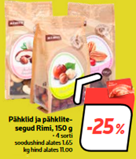 Pähklid ja pähklite-segud Rimi, 150 g  -25%