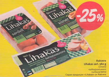 Rakvere Lihakas sari, 360 g
.viinerid .suitsujuustuvorst .suitsusardellid