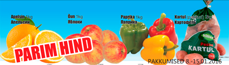 Apelsin 1kg; Õun 1kg; Paprika 1kg;Kartul (pakitud) 2kg - PARIM HIND