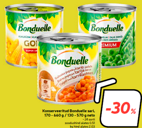 Консервированная серия "Bonduelle", 170 - 660 г / 130 - 570 г, нетто -30%