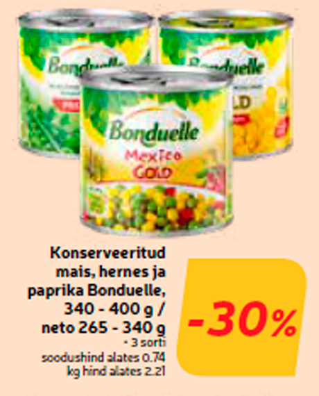 Konserveeritud mais, hernes ja paprika Bonduelle, 340 - 400 g / neto 265 - 340 g  -30%
