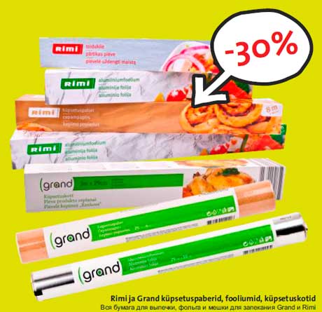 Rimi ja Grand küpsetuspaberid, fooliumid, küpsetuskotid -30%