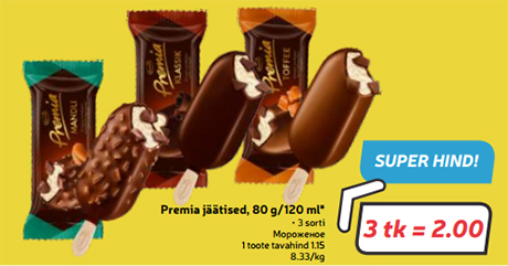 Premia jäätised, 80 g/120 ml* 3tk=2.00